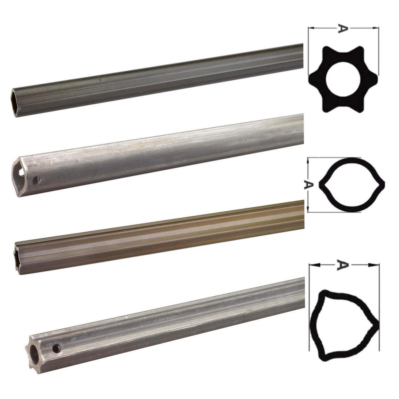 PTO drive shaft profile tubing examples including Star, Lemon, Tri-Lobe, and Italian-style profiles for agricultural driveline applications