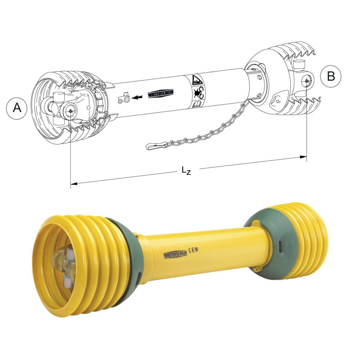 P-Series PowerDrive PTO shaft assembly with spec drawing – premium driveline for agricultural implements and tractors