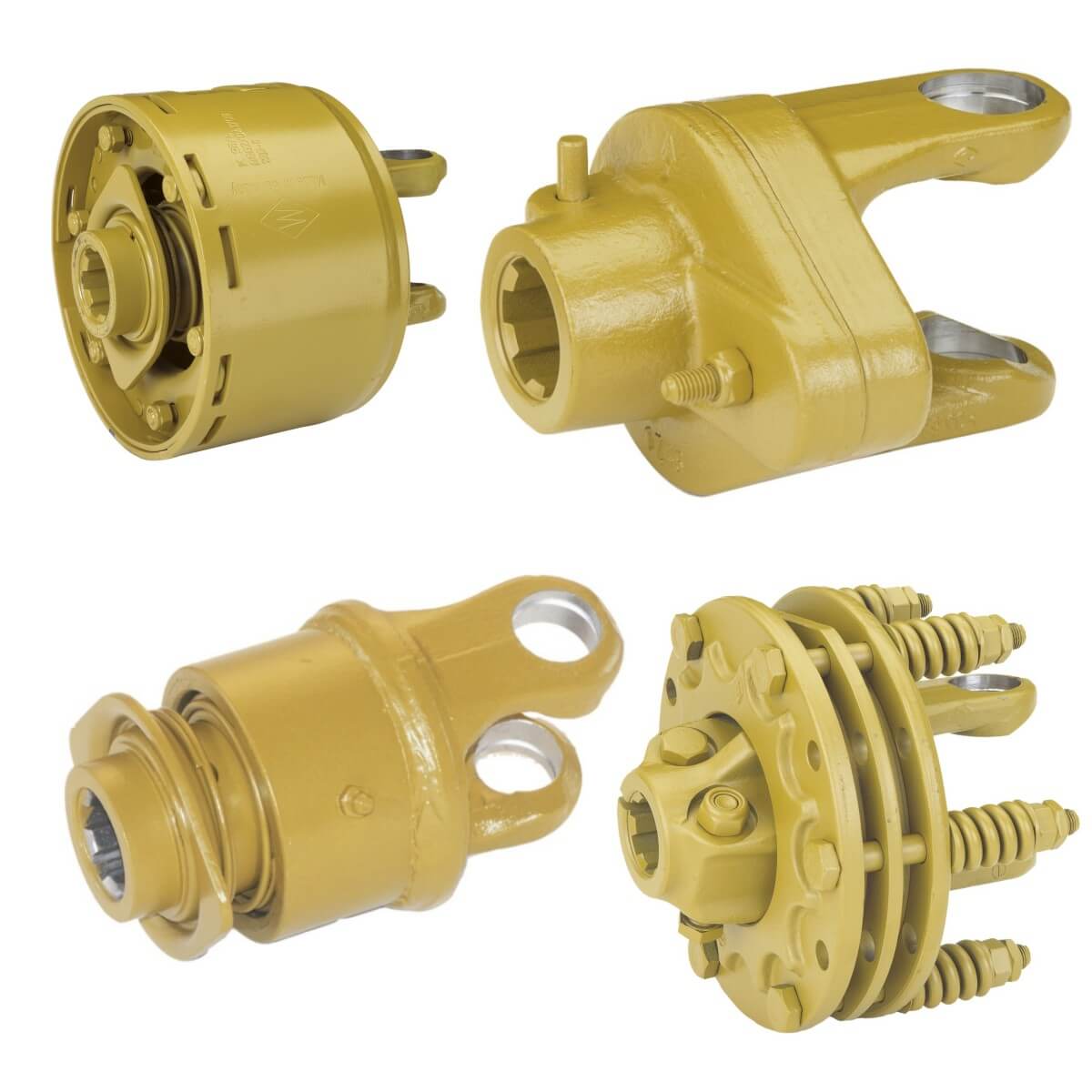 Four Walterscheid PTO clutches including cam clutch, pin clutch, friction clutch, and shear bolt clutch — shown for agricultural driveline protection and overload safety.