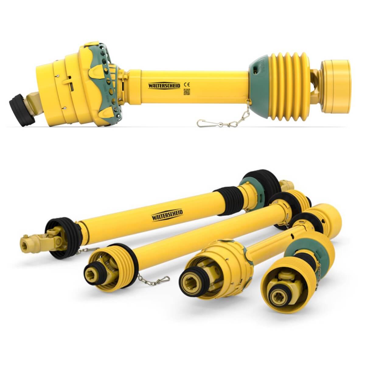 Three complete PTO drivelines including a constant velocity (CV) shaft, a Walterscheid W Series shaft, and a Walterscheid P Series shaft — displayed with guards, yokes, and tubing for agricultural equipment.