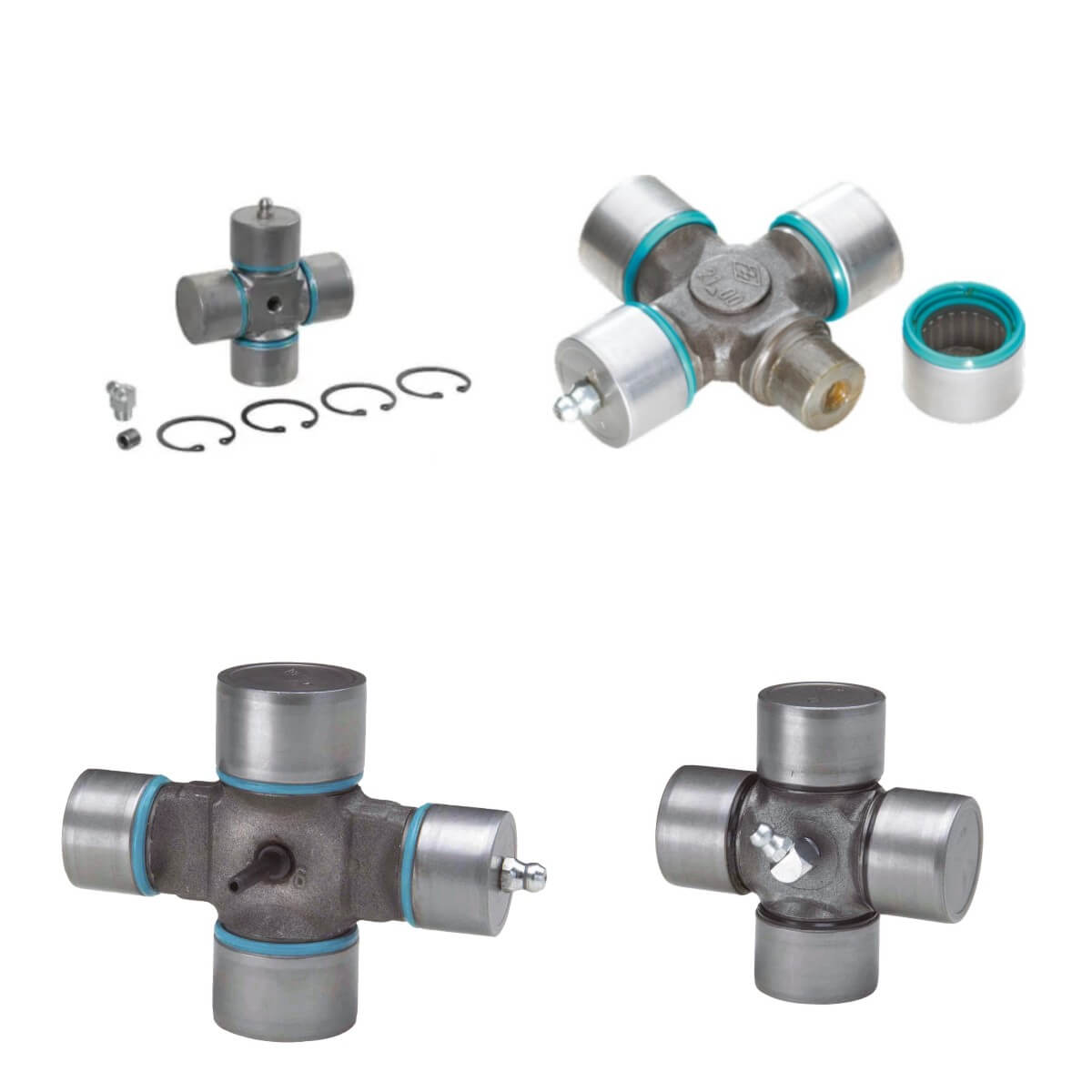PTO cross and bearing kits showing four variations, including two with surclips, grease zerks, and grease plugs—used in agricultural driveline assemblies