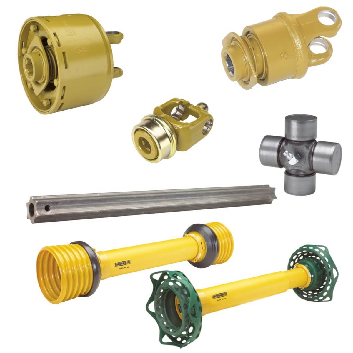 PTO driveline components including cam clutch, CV yoke, cross bearing, shaft tubing, and shielding guards for agricultural equipment