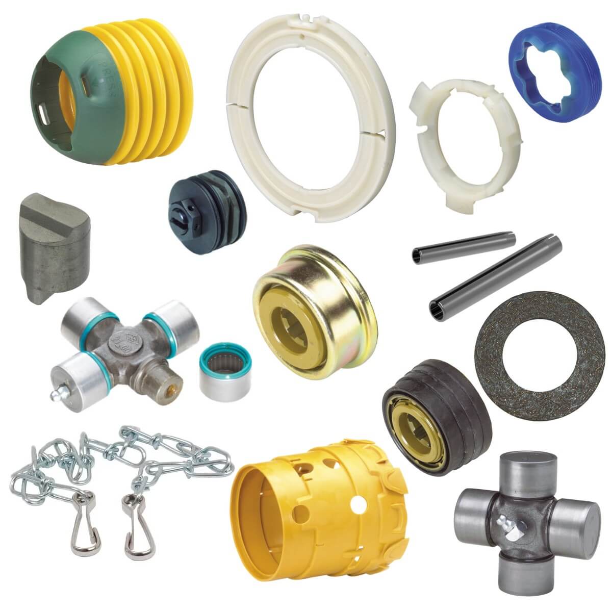 Assorted PTO wear and replacement parts for agricultural driveline repair, including cross kits, guards, bearings, bushings, guard cones, cam lobes, roll pins, clips, and hardware