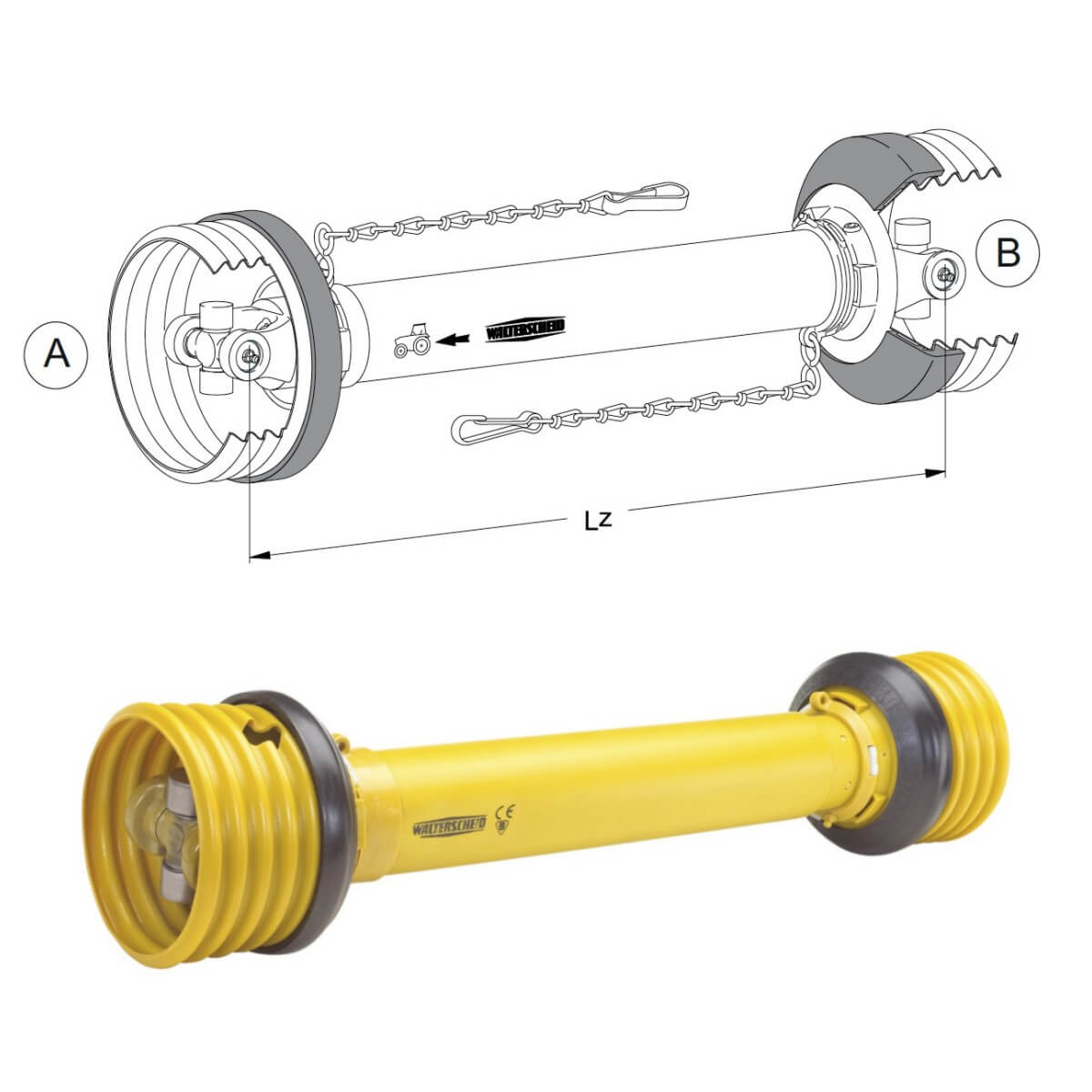 W-Series PTO driveline with technical drawing – complete agricultural shaft assembly for tractors, mowers, and balers