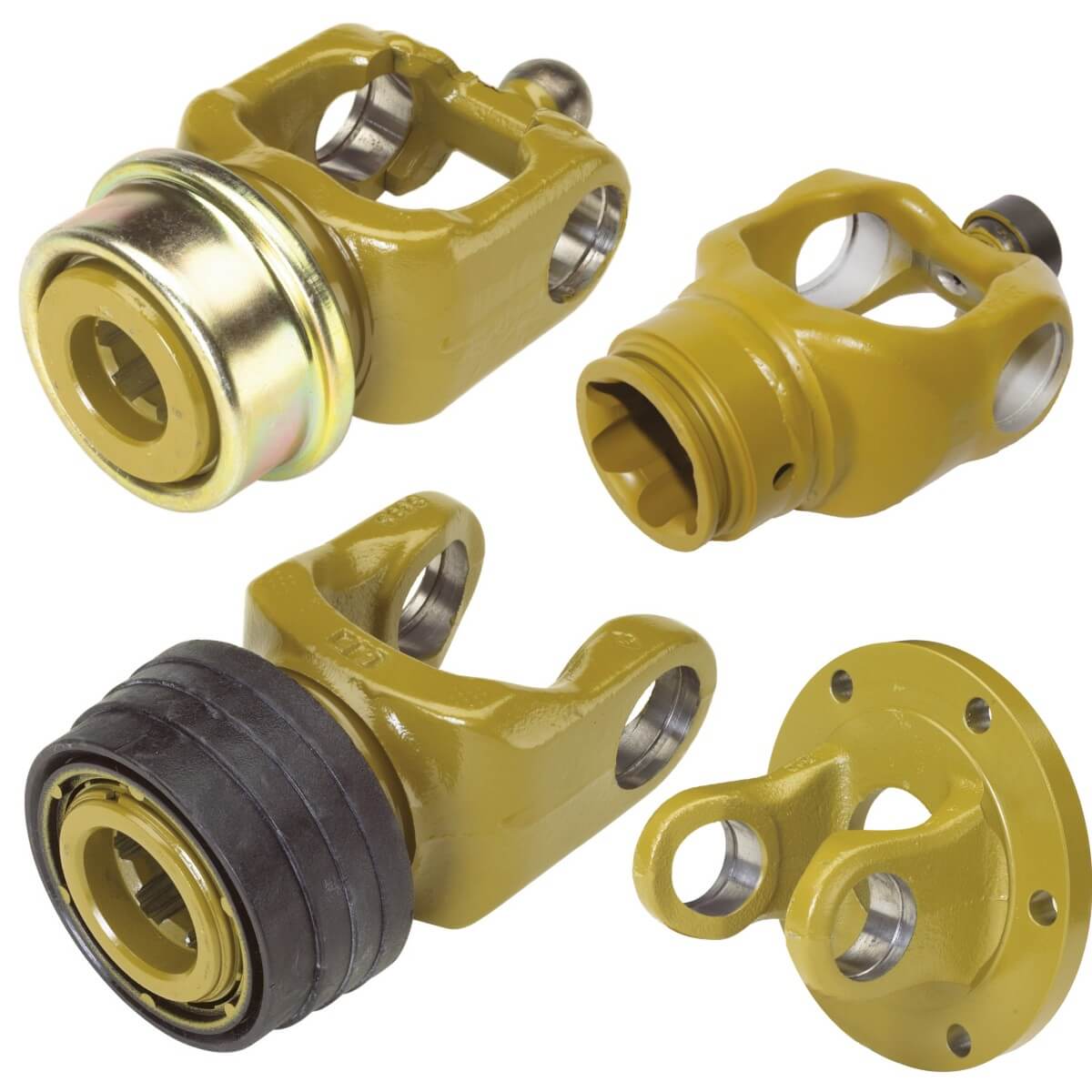 PTO yokes including CV series end yoke, profile yoke, quick release yoke, and flange yoke for agricultural driveline systems
