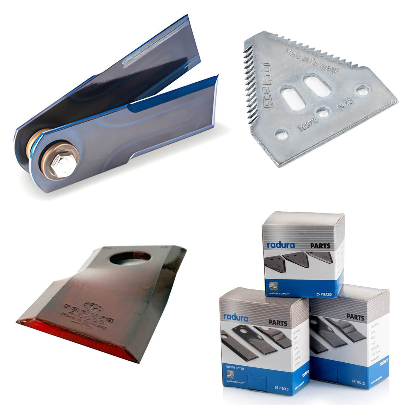 Selection of agricultural blades and knives including straw chopper knives, draper header knives, and disc mower knives used in harvest and hay equipment cutting systems.
