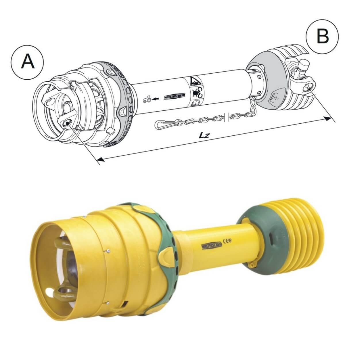 PWE Series PowerDrive CV PTO shaft with layout drawing – heavy-duty premium driveline for high-angle tractor use