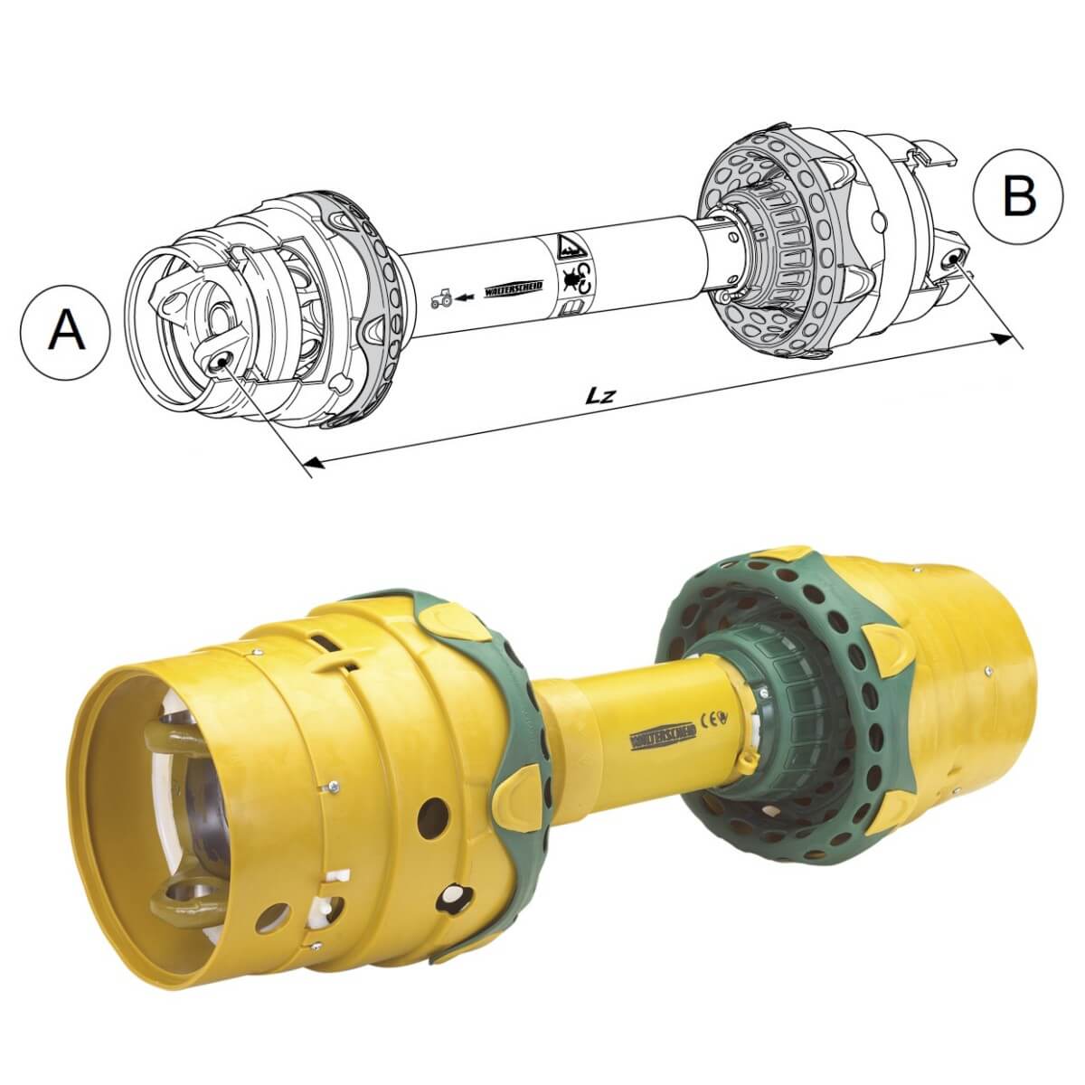 PWZ Series PowerDrive CV driveline with spec drawing – premium high-torque PTO shaft for tractors and implements