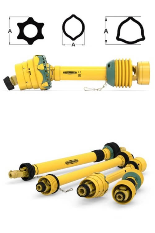 Complete PTO drivelines displayed with technical drawings of Star, Lemon, and Tri-Lobe shaft profiles above for agricultural equipment compatibility