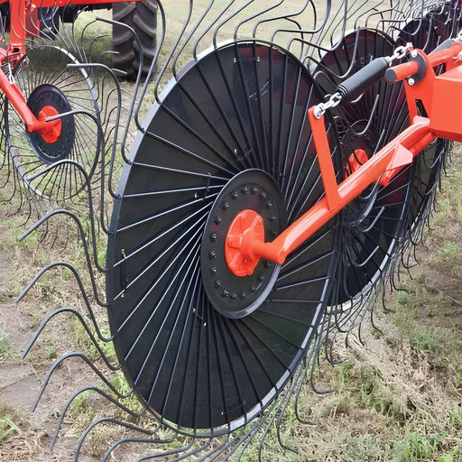 Back view of AIC Tillage AICT-RW55LH 55 inch left-hand hay rake wheel showing the hub and tine mounting