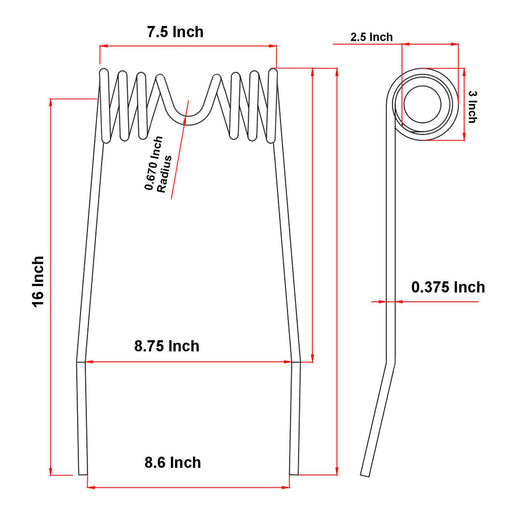 AIC Tillage AICT-1002 Flexi-Coil 87505458 harrow tine dimensions with nominal 16-inch long by 9-inch wide catalog size