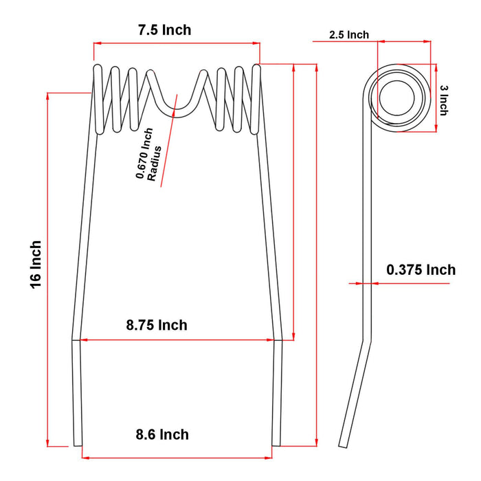 AIC Tillage AICT-1002 Flexi-Coil 87505458 harrow tine dimensions with nominal 16-inch long by 9-inch wide catalog size
