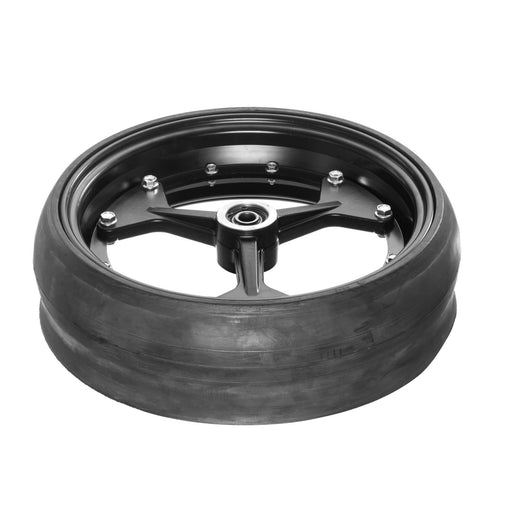 Side profile of AIC Tillage 3-spoke gauge wheel. Measures 3" wide x 16" diameter with durable steel center for consistent row depth.