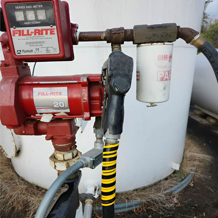 Outback Wrap Fuel Finder yellow wrap installed on a gasoline fuel hose for fast visual identification, Part 20X4GRYB