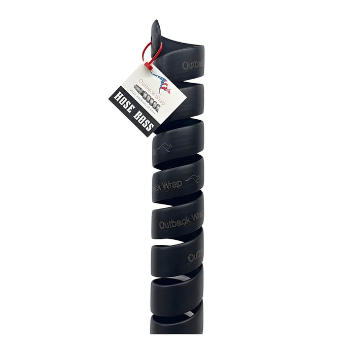Outback Wrap Hose Boss spiral hose wrap in black, heavy-duty 4-foot wrap designed to bundle and control large hydraulic hose groups