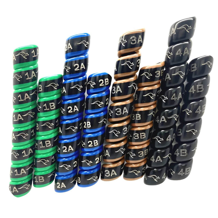Outback Wrap hose identification wraps showing laser-etched numbers 1 through 4 and A/B markings with color coding, Part 18X4GBBB