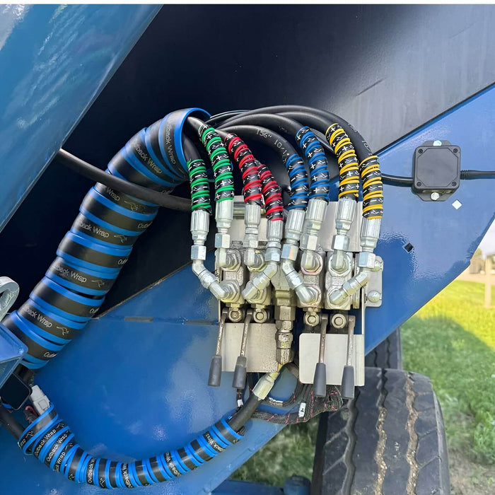 Outback Wrap hydraulic hose color identification wraps 4-pair set in yellow, blue, red, and green with plus and minus markings, Part 18X4YBRG