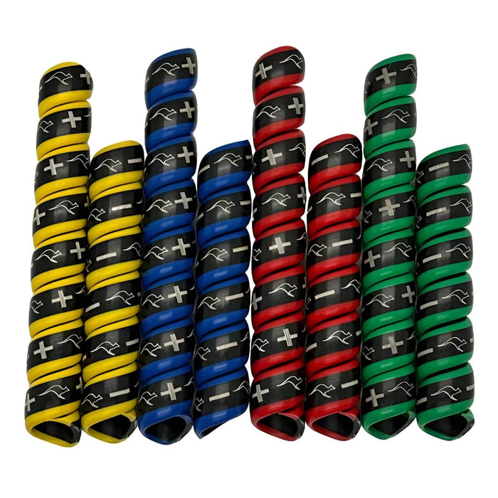 Outback Wrap hose identification wraps showing laser-etched plus and minus symbols with yellow, blue, red, and green color coding, Part 18X4YBRG