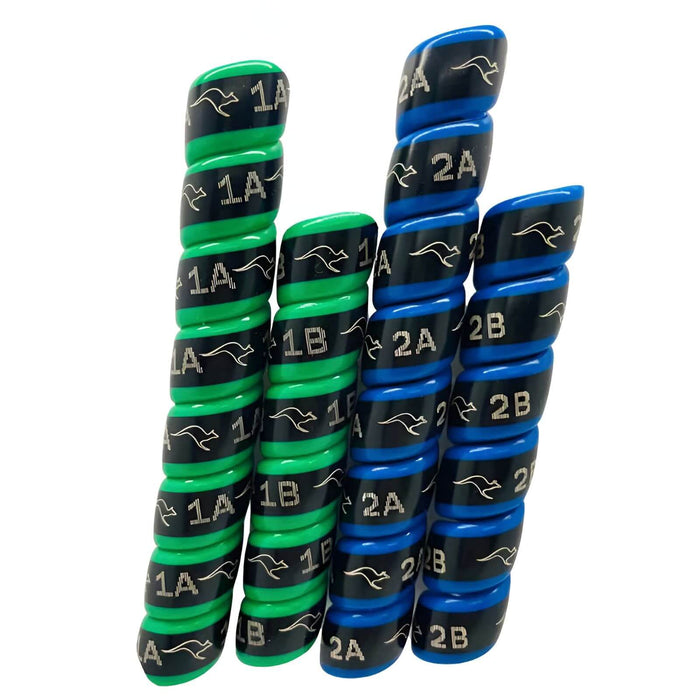 Outback Wraps hose identification wraps showing laser-etched 1 and 2 numbering with A/B indicators in green and blue, Part 18X2G1B2
