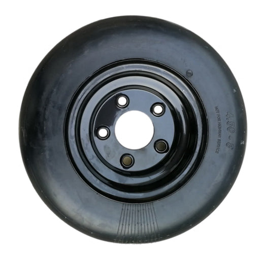 Front view of AIC Tillage rubber packer wheel. 4.5-8 tire profile for ground sealing behind planter or seeder units.