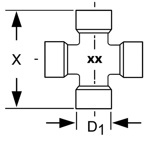 Technical drawing of PTO cross and bearing kit with WPG configuration and P-seals for Walterscheid P500 and 2500 Series drivelines, showing dimensions of central lube UNI BBS-style cross for agricultural PTO shafts.