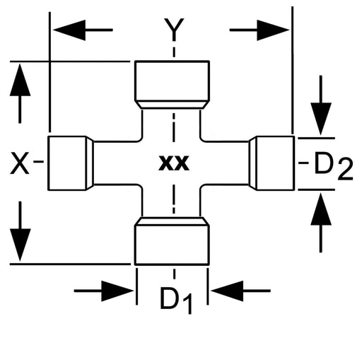 Technical drawing of PTO cross and bearing kit with WPG CV configuration and P-seals for Walterscheid P580 and 2580 Series constant velocity drivelines, showing dimensions of central lube UNI BBS-style cross for high-angle agricultural PTO applications.