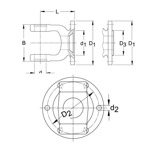 Technical drawing of PTO flange yoke WPG FG 2500 with D1 160mm flange diameter, D2 138mm diameter hole, d2 12.2mm bolt circle diameter, and D3 98mm hub diameter for Walterscheid 2500 Series, Part 317807E – also part 1317807, 317807
