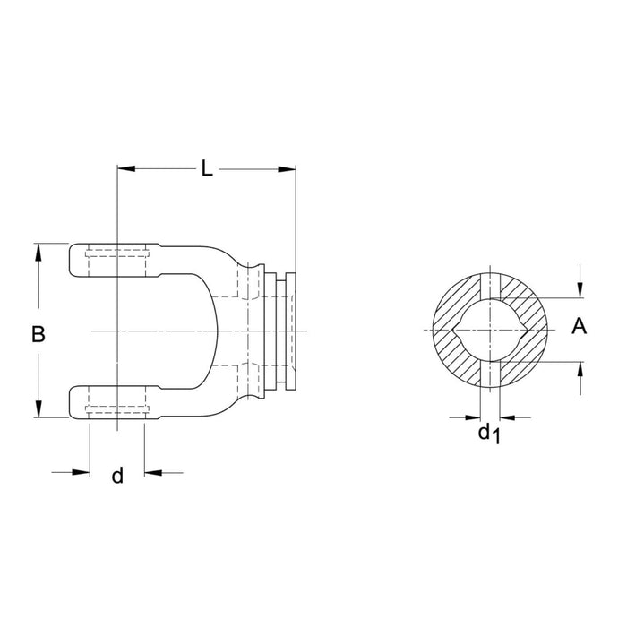 Technical drawing of Profile 1B inboard PTO yoke for RG 2400 Series – 019518E – also part 1019518, 019518