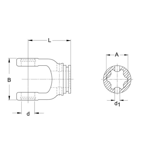 Technical drawing of Profile S4 PTO yoke for RG 2500 Series shafts – 097133E – also part 1097133, 097133