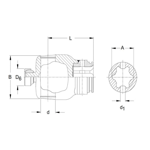 Technical drawing of Walterscheid-compatible CV yoke, Profile S5, RG P580 Series inboard. Roll pin connection. Part 133991E – also part 1133991 and 133991