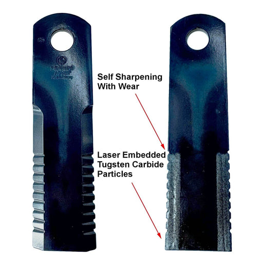 Front and back view CLAAS straw chopper knife showing embedded tungsten carbide wear particles Schumacher Radura PrimeLine serrated A03L6 - also part 7557860, 75557840