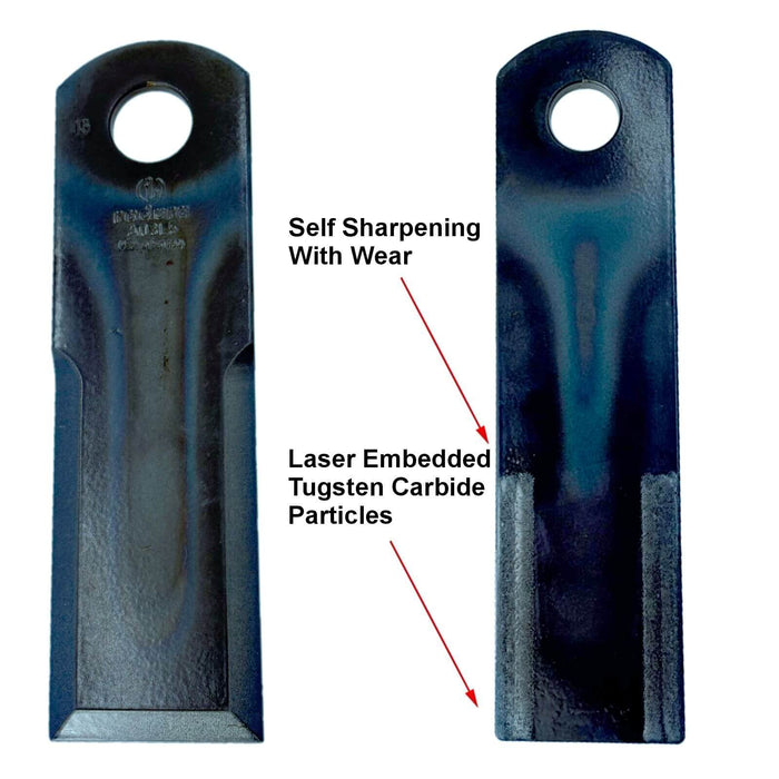 Front and back view CLAAS straw chopper knife showing embedded tungsten carbide wear particles Schumacher Radura PrimeLine A03L5 - also part 7557860, 7368720