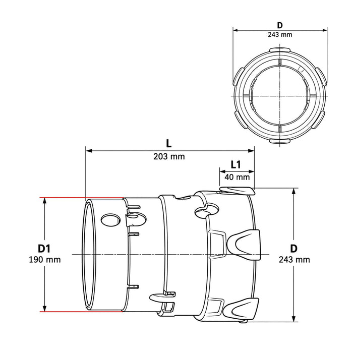 Walterscheid 129929 yellow SDF/PG 25 CV guard cone dimensions showing D 243 mm, D1 190 mm, L 203 mm and L1 40 mm